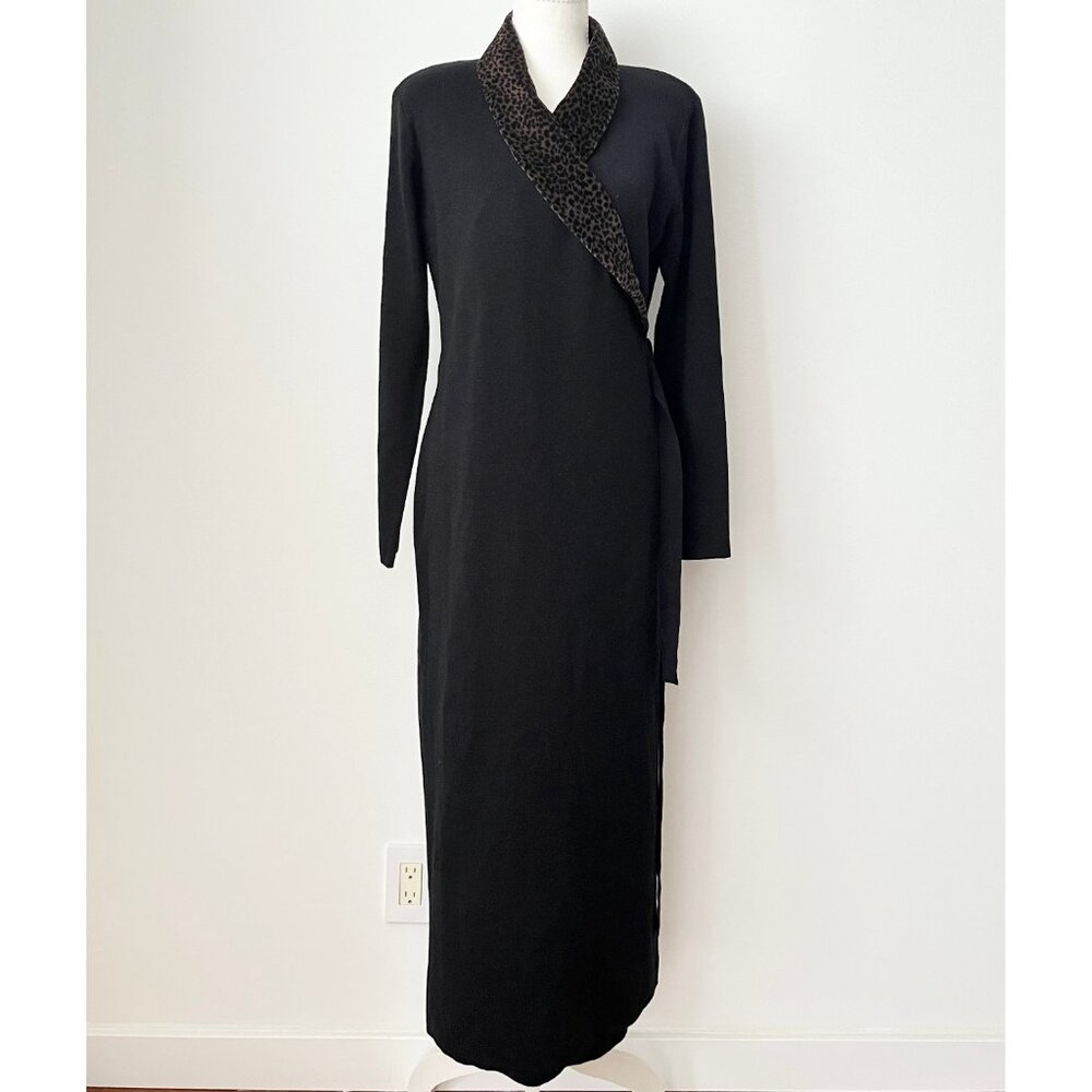 Vintage Nina Leonard Black Wrap Knit Dress Cardigan Velvet Leopard Collar Size M